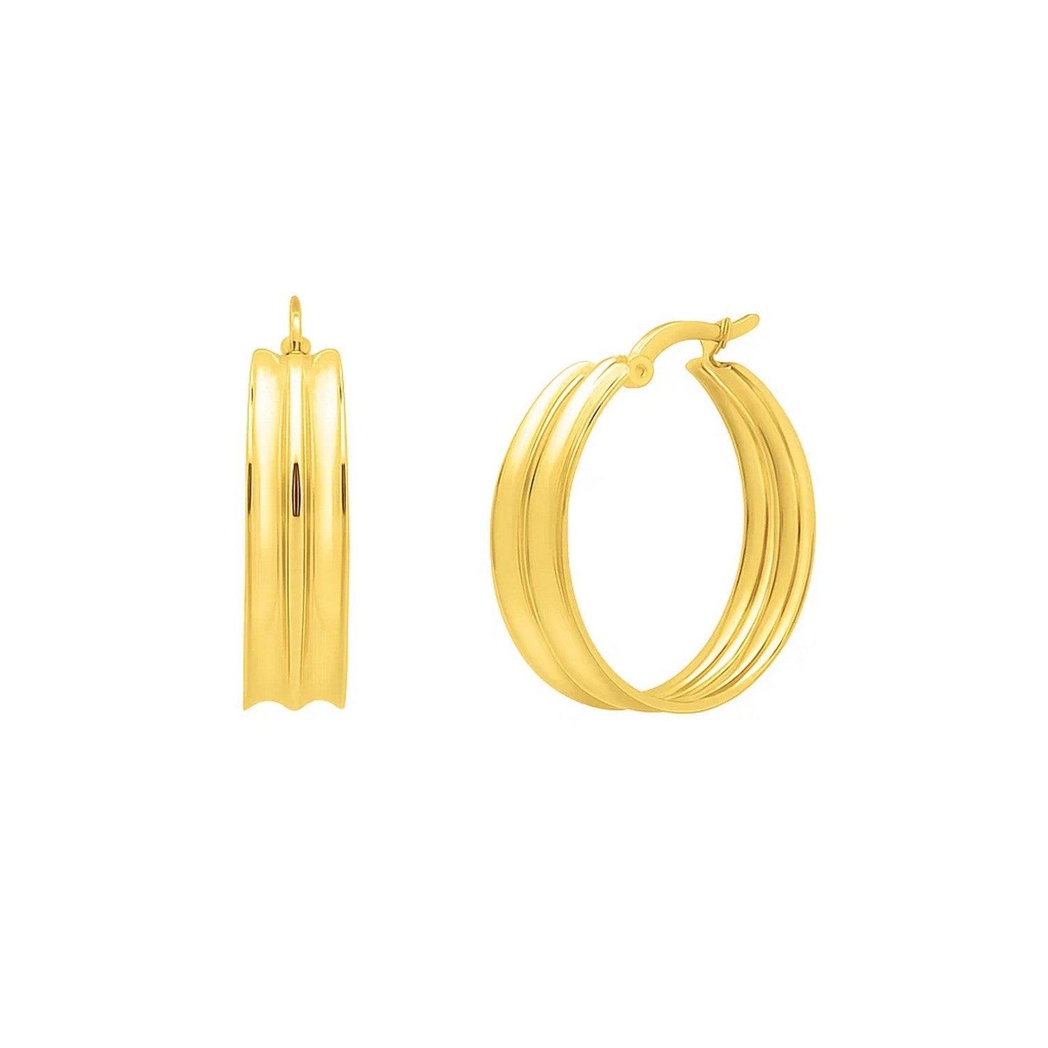 Large Concave Hoop Earrings in 14K Yellow Gold in a sleek high-contrast midnight luxury editorial style